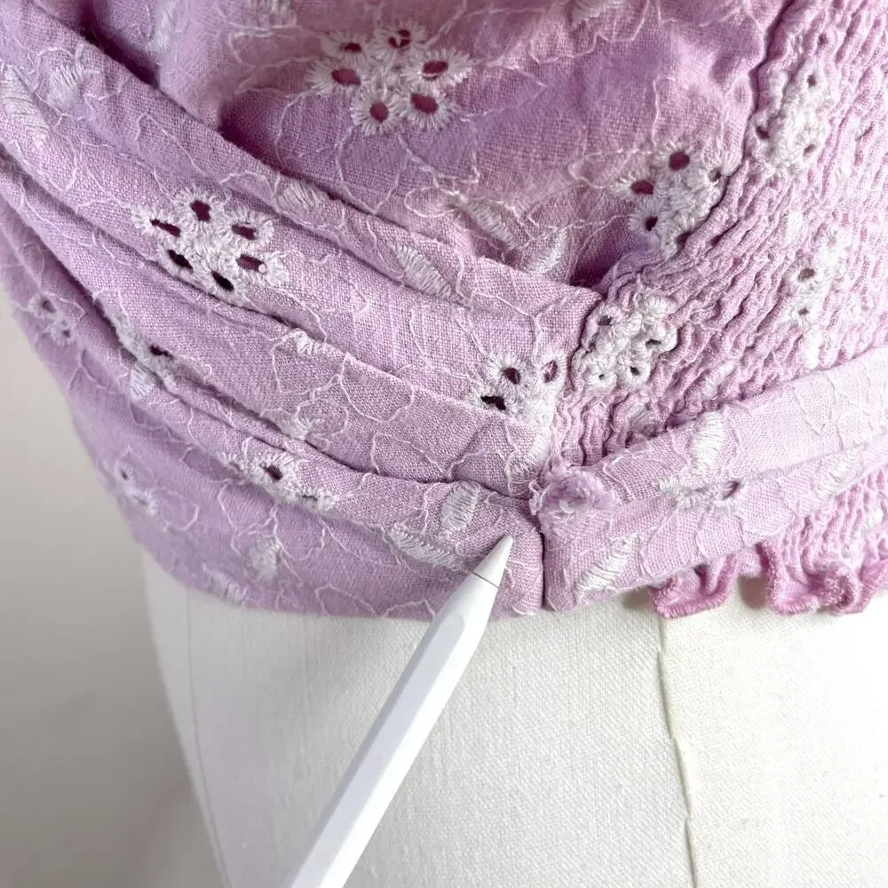 Astr Puff Sleeve Cropped Wrap‎ Top Small Eyelet Ruched Cottage Milkmaid Linen